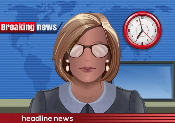 ニュース速報 眼鏡を掛けた女性のシルエット スタジオでニュース アナウンサー ベクトル図 — ストックベクタ