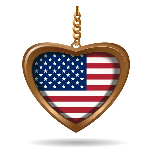 Gold Medallion Shape Heart Flag United States America Flag Vector — Stock Vector