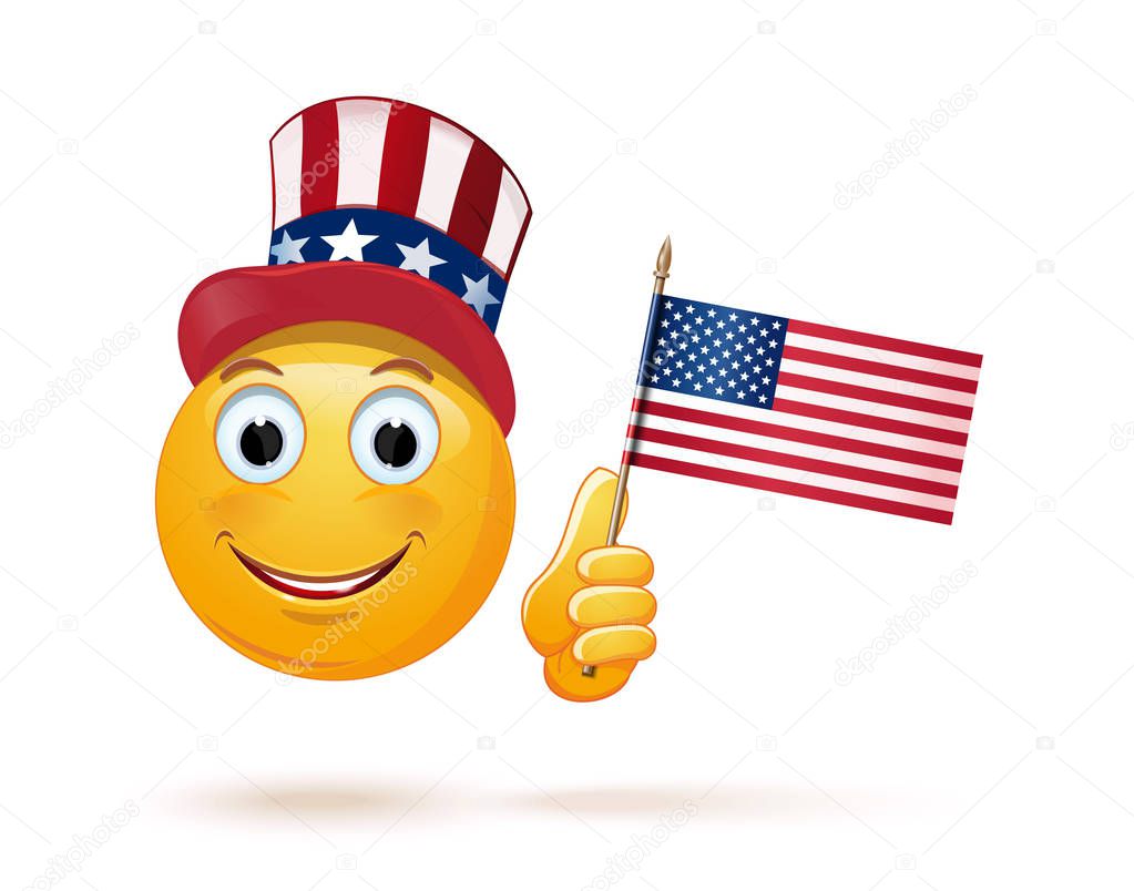 Funny emoji celebrates US Independence Day. Glad emoticon face in Uncle Sams hat and the USA flag in his hand. Vector illustration isolated on white background