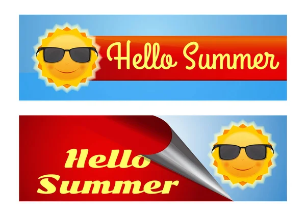 Hej Sommar Bokstäver Uppsättning Färgglada Banners Med Söt Leende Sol — Stock vektor