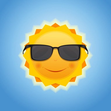 Şirin neşeli gülümseyen güneş mavi gökyüzü arka plan üzerinde. Mutlu çizgi film güneş güneş gözlüğü. Vektör düz çizim