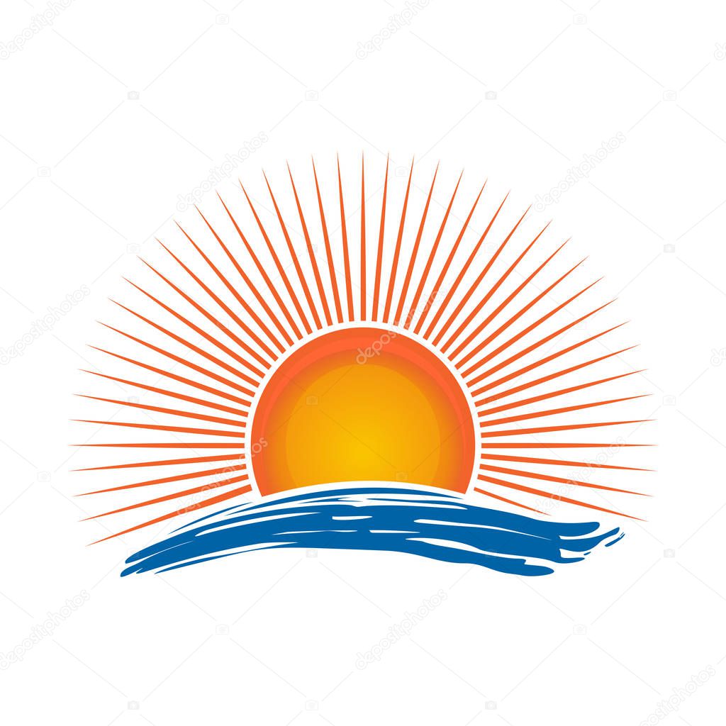 Sun over the sea. Sunrise. Sunshine logo over sea waves. Vector illustration isolated on white background