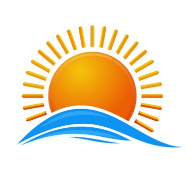 Güneş denize. Sunrise logo simge. Dalgalar deniz üzerinde çizgi film güneş. Beyaz arka plan üzerinde izole vektör çizim