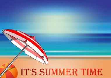 Yaz tasarım. Yaz vakti geldi. Deniz, plaj şemsiyesi ve topu karşı yazı yaz. Vektör çizim