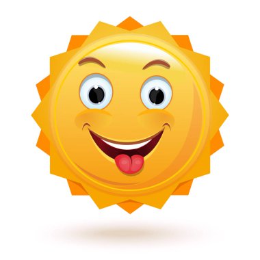 Neşeli antropomorfik güneş. Neşeli bir küçük güneş ışığı bir dili gösterir. Beyaz arka plan üzerinde izole vektör çizim