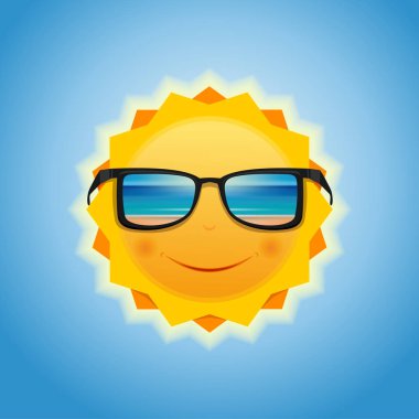 Deniz ve plaj yansıtan güneş güneş gözlüğü. Gülümseyen güneş güneş gözlüğü ile. Yaz güneşini gökyüzüne karşı. Vektör çizim