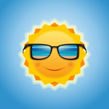 Deniz ve plaj yansıtan güneş güneş gözlüğü. Gülümseyen güneş güneş gözlüğü ile. Yaz güneşini gökyüzüne karşı. Vektör çizim