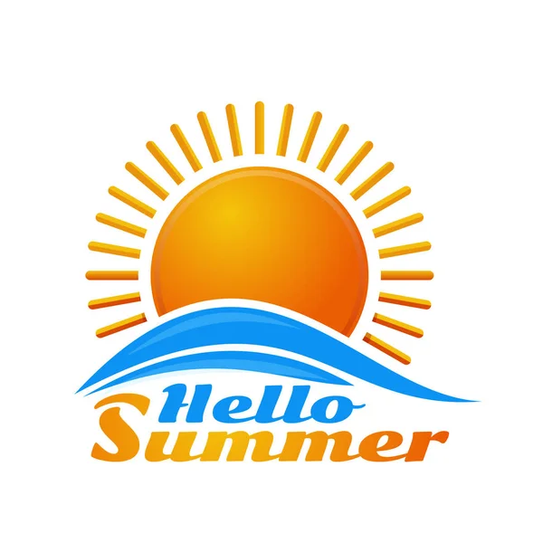 Hello Summer Sunrise Logo Icon Cartoon Sun Sea Waves Vector — Stock Vector