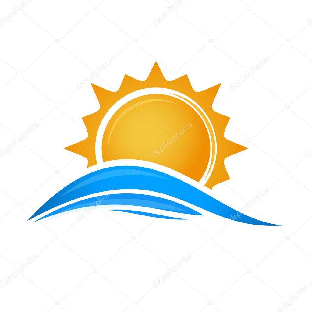 Sun over sea waves. Sun and sea. Sun logo icon isolated on white background. Editable vector illustration