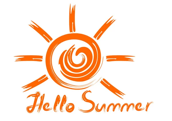 Nedbale Nakreslené Slunce Nápis Rukou Oranžový Nápis Ahoj Léto Letní — Stockový vektor