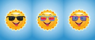 Mutlu yaz güneşi dilini neşeyle gösteriyor. Güneş Icons set. Güneş güneş gözlüğü koleksiyonu. Yaz tasarım. Vektör çizim
