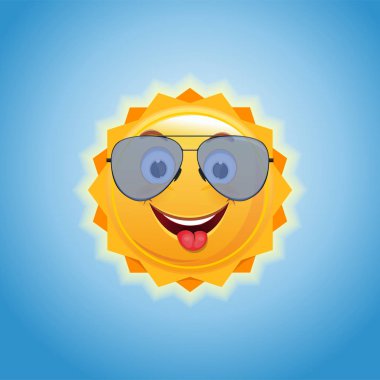 Neşeli gülümseyen güneş güneş gözlüğü. Sevimli çizgi güneş gülüyor ve dilini gösterir. Vektör çizim