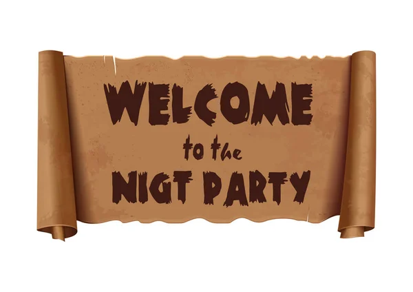 Welcome Night Party Text Scroll Greeting Pita Papirus Antik Dengan - Stok Vektor