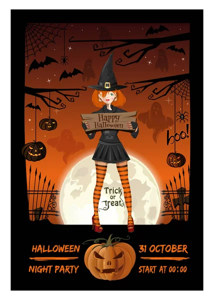 Ładna Dziewczyna Garniturze Czarownica Zaprasza Imprezę Noc Halloween Projekt Plakatu — Wektor stockowy