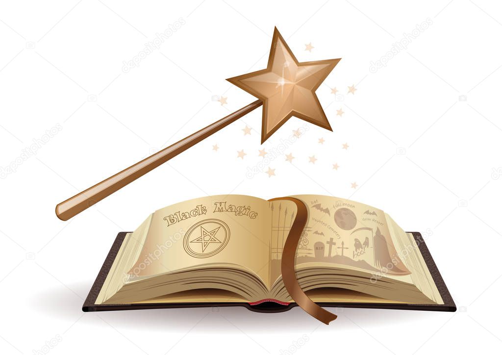 Magic wand and a textbook on black magic. Open book. Fairy tales. Scary Tales for children. Vector illustration