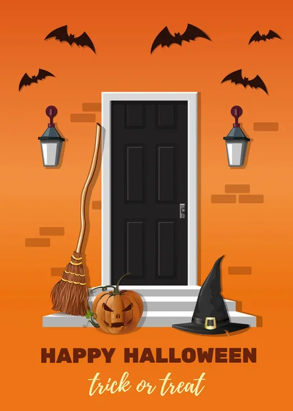 Halloween Design Bejárati Ajtó Díszített Halloween Party Boszorkány Ház Vektoros — Stock Vector