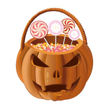 Jack-o-lantern torba şeker ile. Cadılar Bayramı'nda şeker toplamak için Turuncu kabak sepeti. Vektör çizim