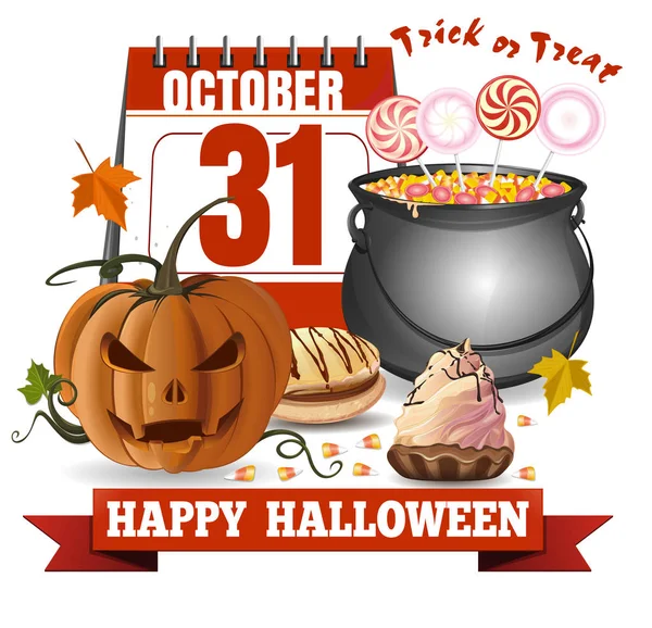Calendario Halloween Jack Linterna Caldero Con Caramelos Truco Trato Feliz — Vector de stock