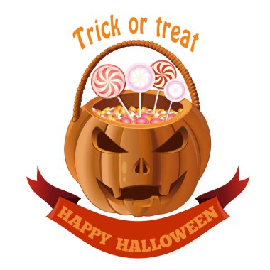 Halloween kabak sepeti. Jack o fener torba şeker ile. Cadılar Bayramı'nda şeker toplamak için Turuncu kabak sepeti. Vektör çizim