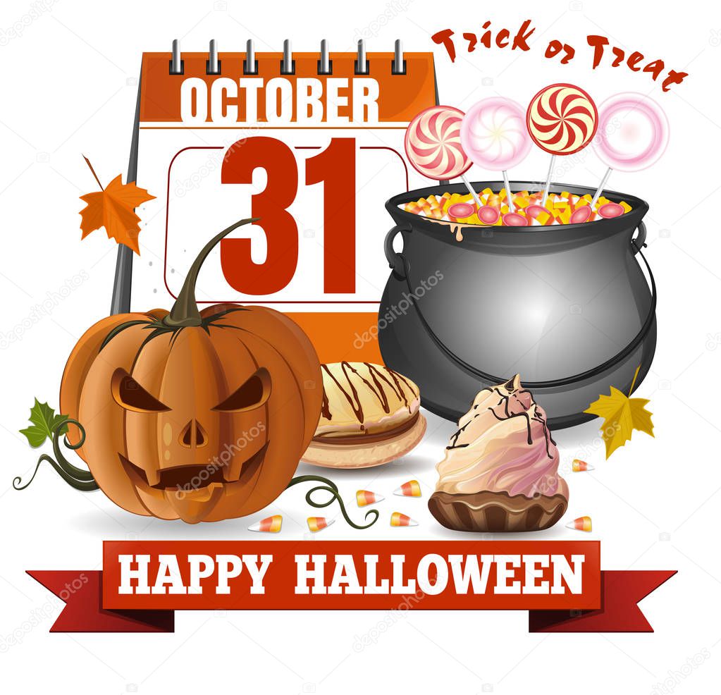 Halloween calendar, jack o lantern and a caldron with candies. Trick or treat. Happy Halloween. Vector greeting card