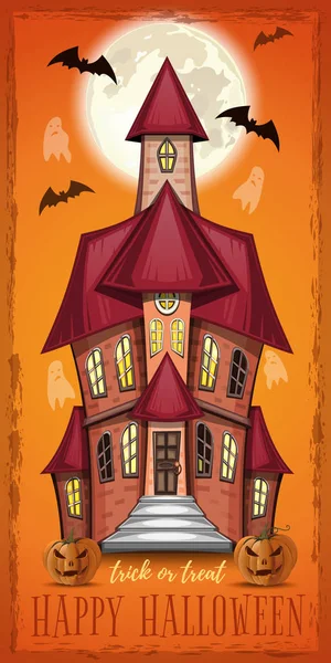 Halloween Grußkarte Mit Einem Alten Geisterhaus Halloween Vertikales Banner Vektorillustration — Stockvektor