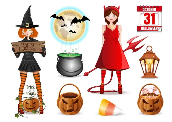 Halloween Icons Set Collection Multicolored Cartoon Icons Isolated White Background — Stock Vector
