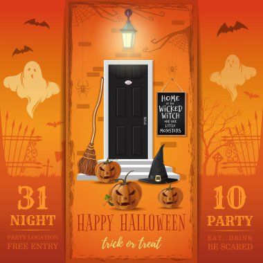 Halloween gece partisi için davetiye. Yemek, içmek, korkma. House of kötü kalpli cadı ve onun küçük canavarlar. Vektör çizim