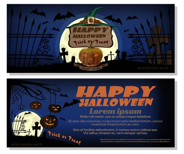 Šťastný Halloween Design Úplněk Nad Hřbitovem Dýně Kloboukem Vektor Flyer — Stockový vektor