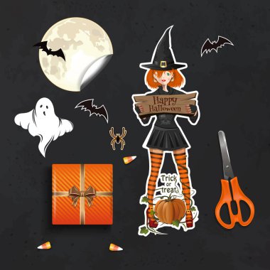 Cadılar Bayramı tasarım. Cadılar Bayramı kutlama için hazırlanıyor. Cadılar Bayramı en iyi görünüm için hediyeler ile tablo. Vektör çizim