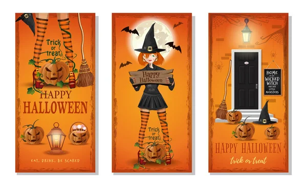 Halloween Greeting Card Collection Set Orange Vertical Banners Halloween Eat — Stock Vector