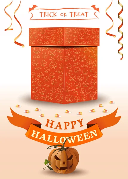 Cartão Saudação Halloween Com Caixa Presente Laranja Jack Lanterna Feliz — Vetor de Stock