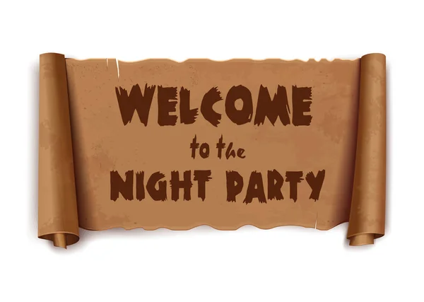 Welcome Night Party Text Scroll Greeting Pita Papirus Antik Dengan - Stok Vektor