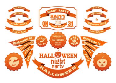 Cadılar Bayramı vektör turuncu etiketleri ve yazıtlar tebrik ayarlanmış şerit. Tatil kartları ve el ilanları dekorasyon tasarım öğeleri. Cadılar Bayramı vintage sembolleri