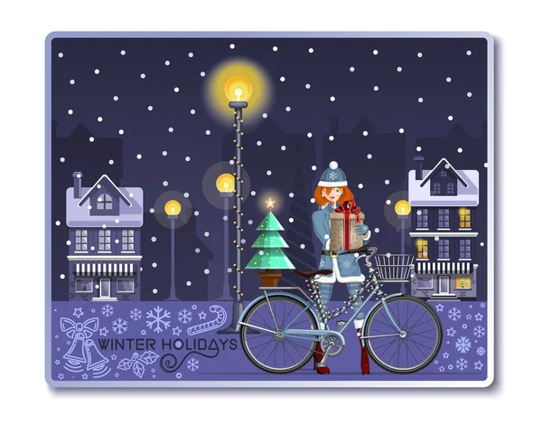 Χριστουγεννιάτικη Κάρτα Κορίτσι Σάντα Για Χειμερινές Διακοπές Χαριτωμένο Κορίτσι Στο — Διανυσματικό Αρχείο