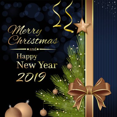 Noel ve yeni yıl 2019. Bir neşeli Noel ağacı ve kutlama yazıt ile tebrik kartı. Yeni Yılınız Kutlu Olsun. Vektör çizim