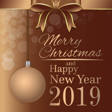 Mutlu Noeller ve mutlu yeni yıl 2019. Noel ağacı oyuncak ve tebrik yazı ile Noel kahverengi arka plan. Vektör çizim