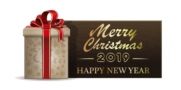 Dřevěný Nápis Vánoční Dárková Krabice Pro Nový Rok 2019 Veselé — Stockový vektor