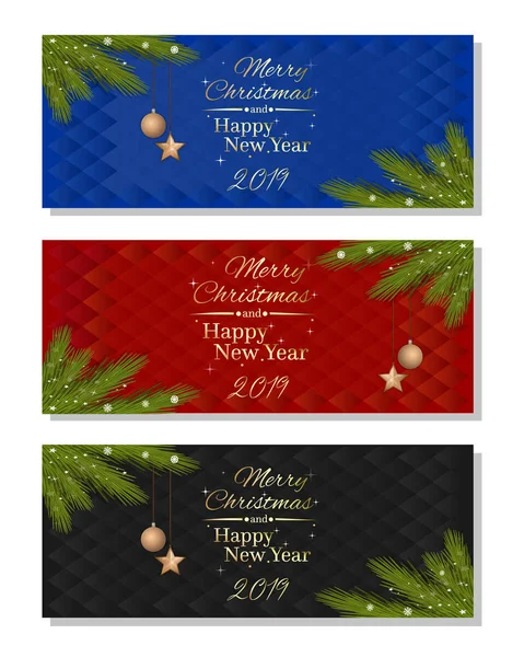 Set Banner Orizzontale Multicolore Capodanno 2019 Buon Natale Felice Anno — Vettoriale Stock