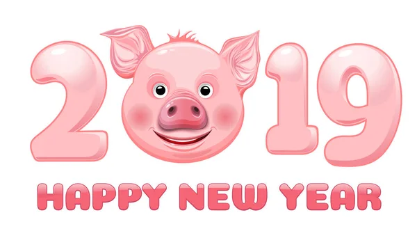 Ευτυχισμένο Νέο Έτος 2019 Στυλιζαρισμένη Επιγραφή Χαριτωμένο Και Αστεία Χοίρου — Διανυσματικό Αρχείο