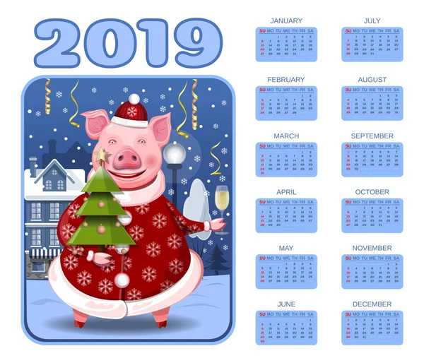 Wandkalender Für Das Jahr 2019 Chinesisches Schweinejahr Kalender Mit Einem — Stockvektor