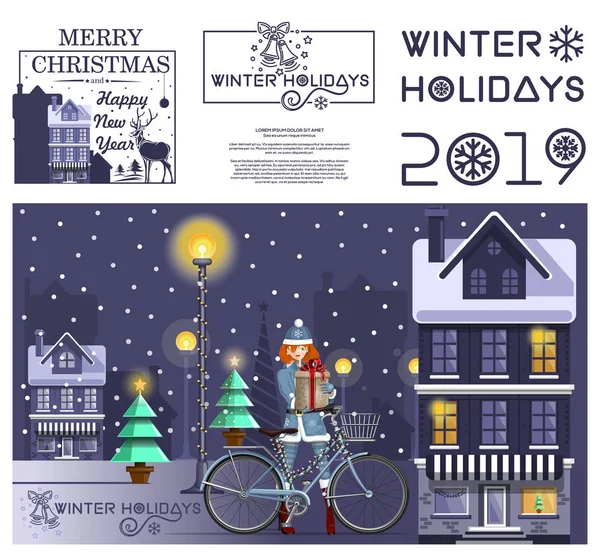 Ensemble Design Nouvel Vacances Hiver 2019 Salutation Carte Noël Avec — Image vectorielle