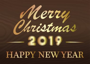 Mutlu Noeller ve mutlu yeni yıl 2019. Ahşap arka plan üzerinde yeni yıl için altın harflerle stilize. Vektör çizim