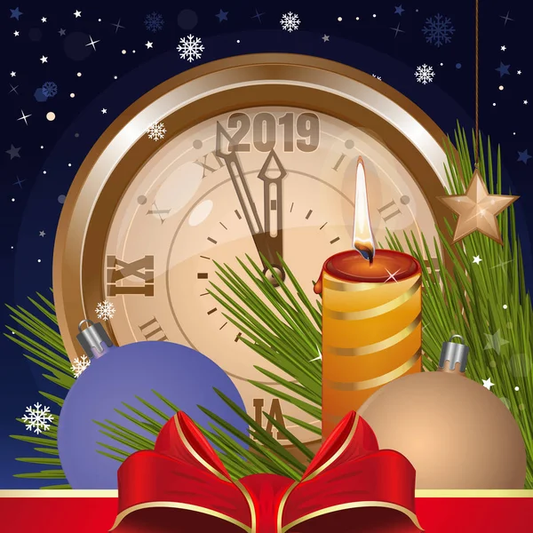 Carte Voeux Pour Noël Nouvel 2019 Jouets Noël Horloge Branches — Image vectorielle