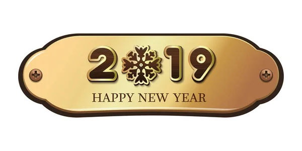 Ευτυχισμένο Νέο Έτος 2019 Χαιρετισμό Επιγραφή Πλάκα Χρυσού Εικονογράφηση Διάνυσμα — Διανυσματικό Αρχείο