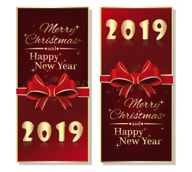 Kırmızı dikey afiş Noel ve yeni yıl 2019 için ayarla. Şerit ve yay ile yeni yıl kırmızı el ilanları toplama. Vektör çizim