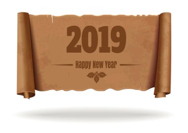 Mutlu yeni yıl 2019. Bir gelişeceğini vintage kaydırma kutlama yazıt. Noel metin tasarım. Beyaz arka plan üzerinde izole vektör çizim