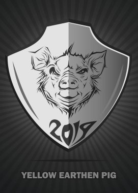 Domuz - 2019 bir sembolü. Yıl sarı dünya domuz. Siyah ve beyaz amblem kalkan bir domuz kafası şeklinde. Vektör çizim