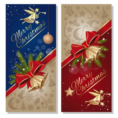 Festive red and blue background with angel and gold jingle bells. Christmas banner set. Vector flyer template for Christmas and New Year clipart