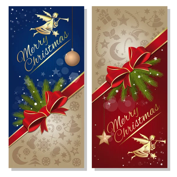 Merry Christmas Design Świąteczny Czerwone Niebieskie Tło Czerwoną Wstążką Łuk — Wektor stockowy