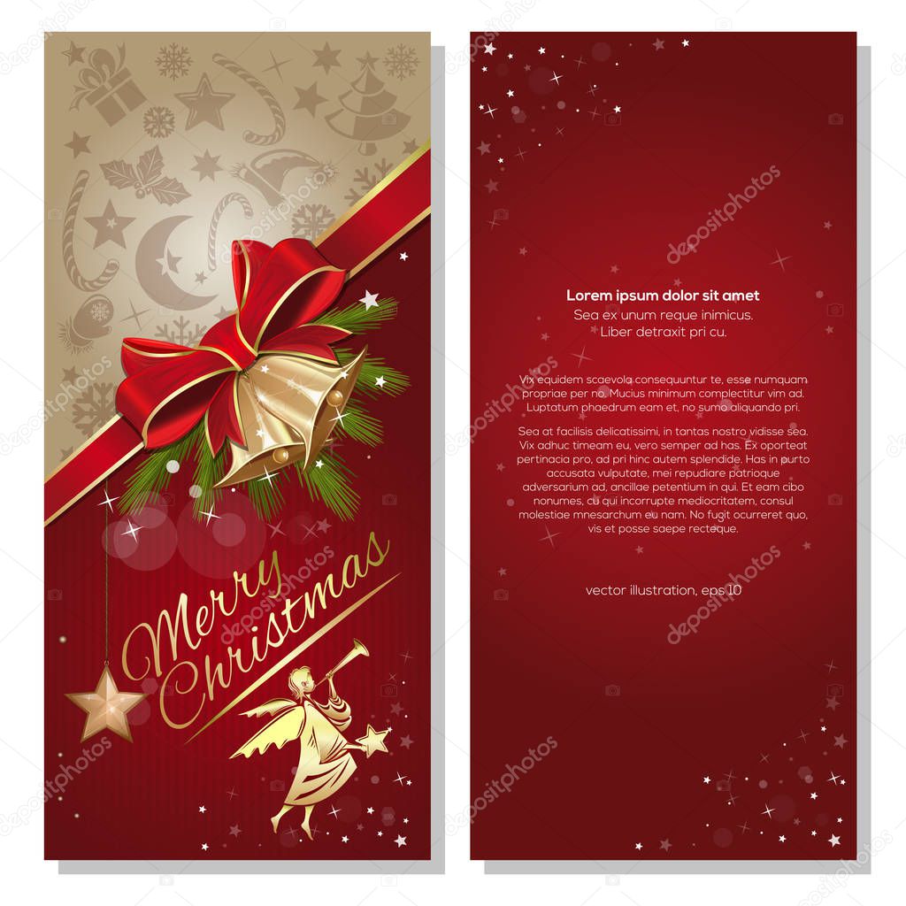 Festive red background with Christmas angel and gold jingle bells. Flyer template for Christmas and New Year. Front and back. Vector illustration